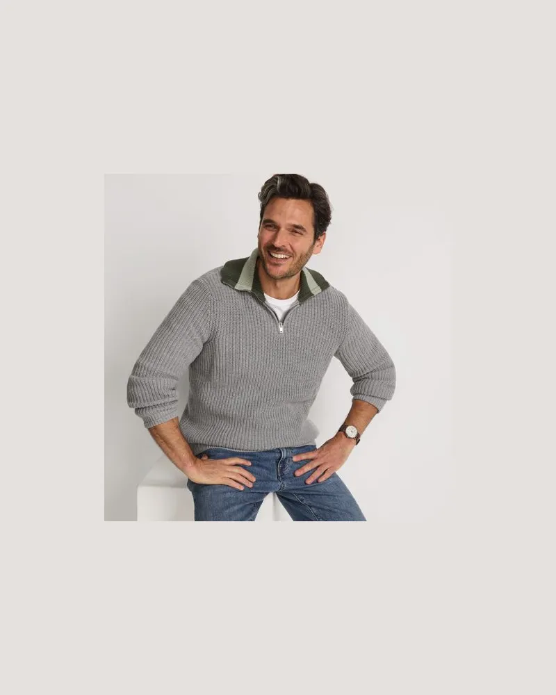 Lands' End Baumwoll-Pullover mit Colorblock-Kragen DRIFTER, Herren, Größe:56-58 regular, Grau, Baumwolle, by Grau