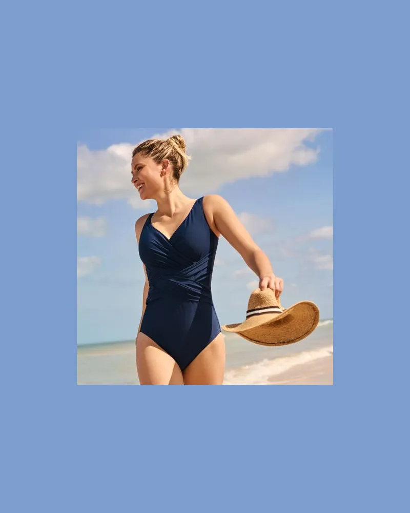 Lands' End Shape-Badeanzug SLENDER Gewickelt, Damen, Größe regular, Blau, Nylon-Mischung, by Blau