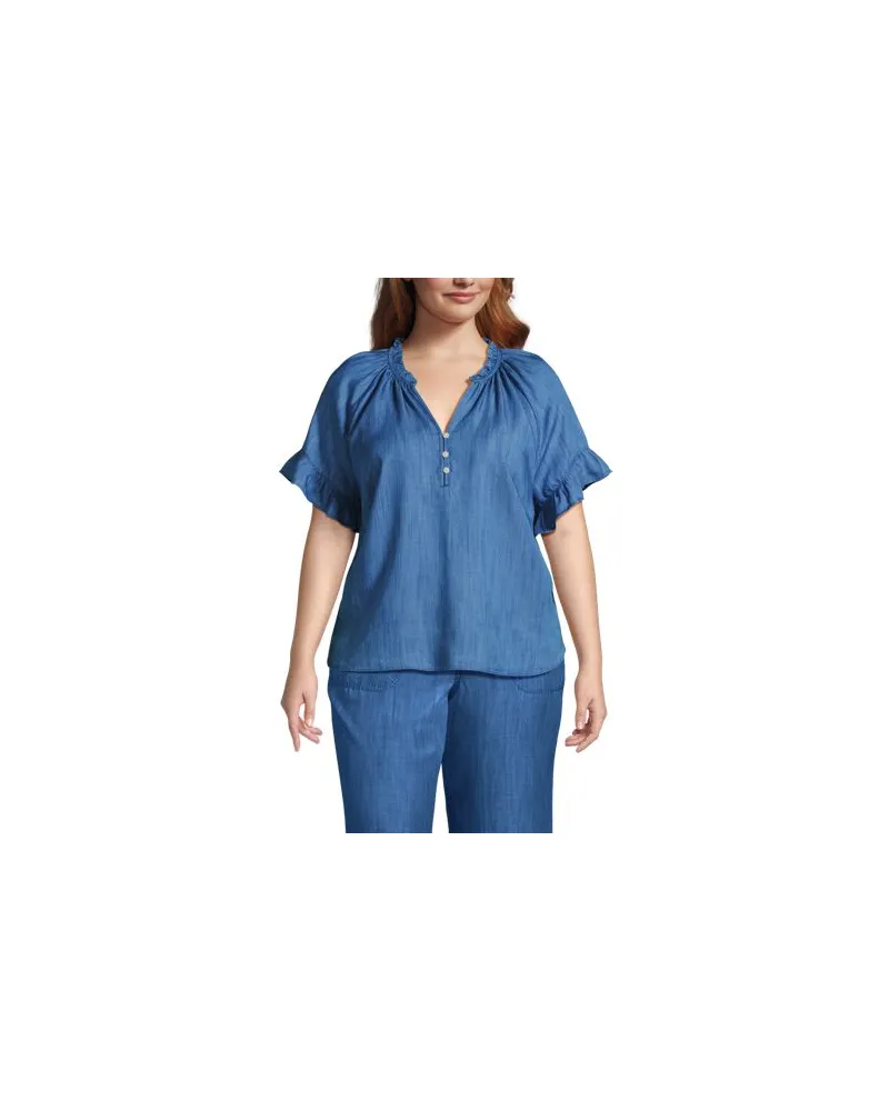 Lands' End Bluse aus TENCEL mit Rüschenkragen, Damen, Größe plus, Blau, Kunstseide/Lyocell (Viskose), by Blau