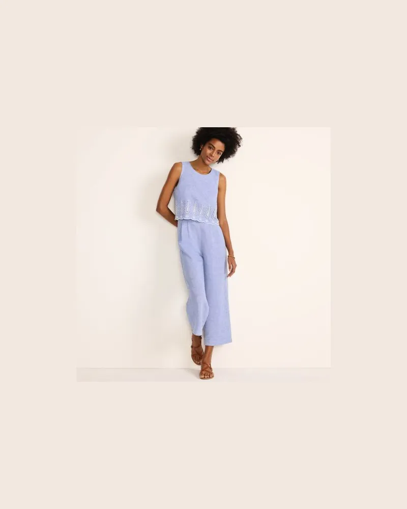 Lands' End Ärmelloser Leinen-Jumpsuit mit Lochstickerei, Damen, Größe regular, Blau, Leinen, by Blau