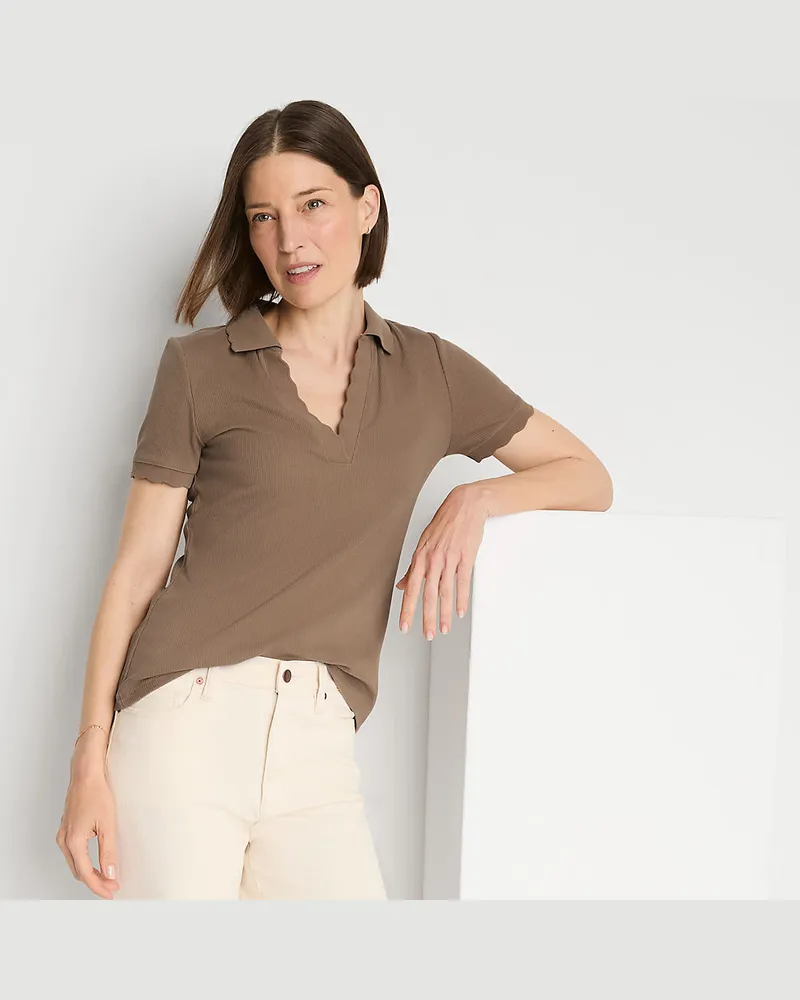 Lands' End Geripptes Poloshirt mit Wellenrand, Damen, Größe regular, Braun, Baumwolle/Polyester-Mischung, by Braun