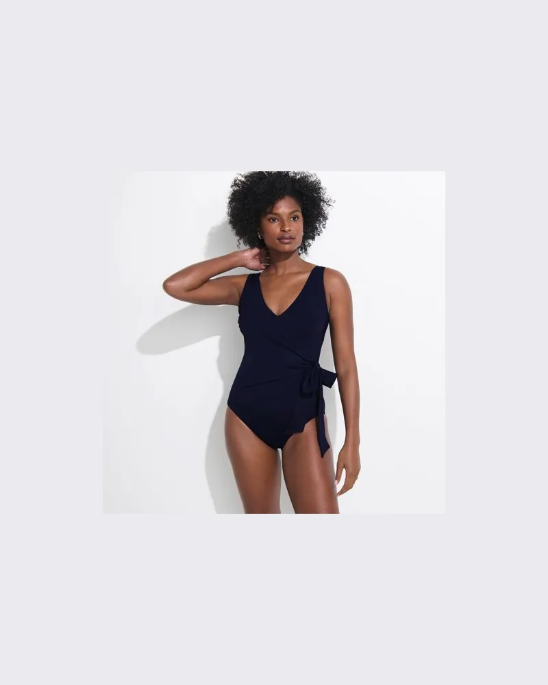 Lands' End Badeanzug mit seitlichem Bindeband, hohes Bein, Damen, Größe regular, Blau, Nylon-Mischung, by Blau