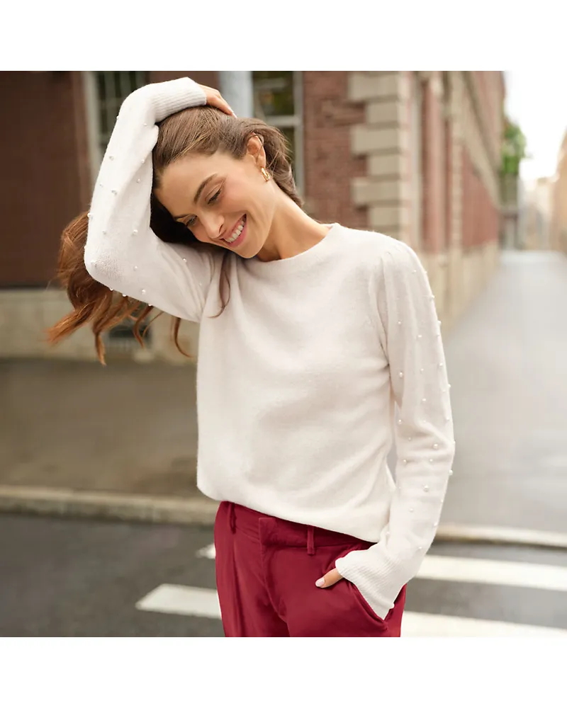 Lands' End Pullover mit Perlenärmeln, Damen, Größe regular, Weiß, Polyacryl/Woll-Mischung, by Weiß