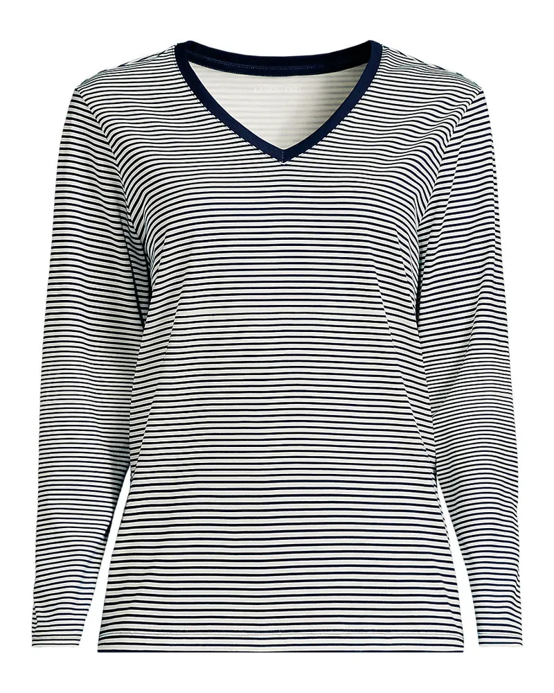 Lands' End Supima® Langarm-Shirt mit V-Ausschnitt, Damen, Größe plus, Blau, Baumwolle, by Blau