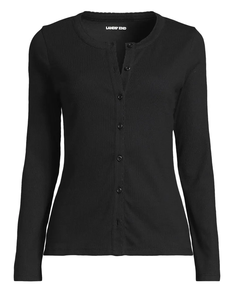 Lands' End Rippshirt mit durchgehender Knopfreihe, Damen, Größe regular, Schwarz, Elasthan/Baumwoll-Mischung, by Schwarz