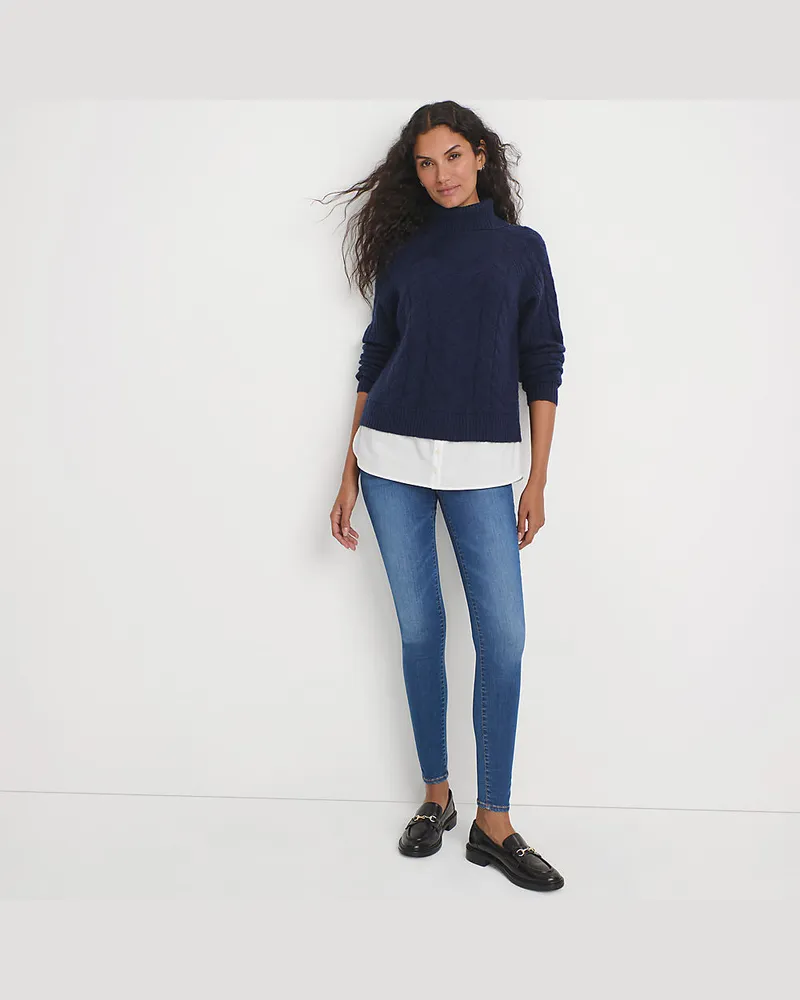 Lands' End Rollkragenpullover im Lagenlook, Damen, Größe petite, Blau, Baumwolle/Wolle/Polyester, by Blau