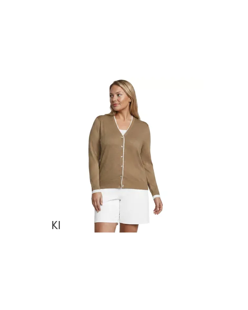 Lands' End Feinstrick-Baumwollcardigan mit unterlegtem Ausschnitt, Damen, Größe plus, Beige, Baumwolle, by Beige