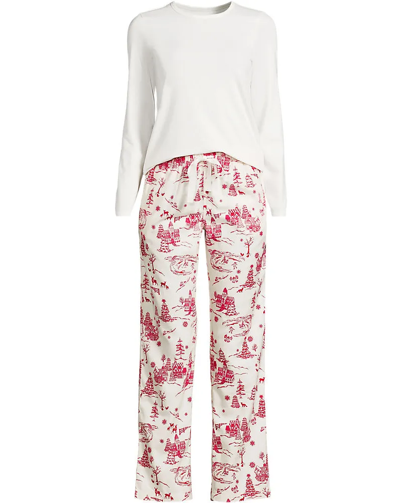 Lands' End Pyjama-Set mit Flanellhose, Damen, Größe regular, Weiß, Baumwolle/Baumwoll-Mischung/Viskose-Mischung, by Weiß