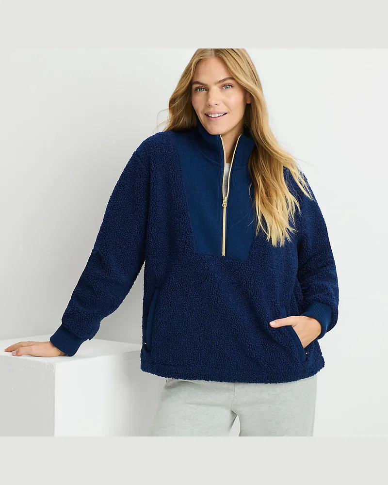 Lands' End Teddy-Pullover mit Reißverschluss, Damen, Größe regular, Blau, Polyester, by Blau
