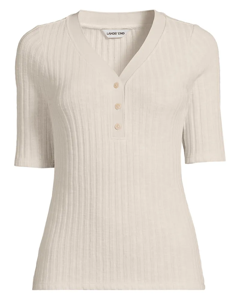 Lands' End Rippstrick-Henleyshirt mit halblangen Ärmeln, Damen, Größe plus, Beige, Elasthan/Baumwoll-Mischung/Polyester-Mischung, by Beige