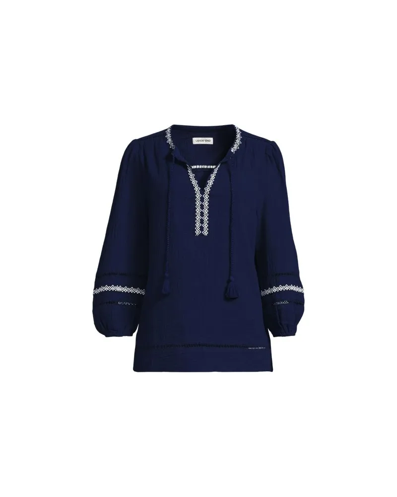Lands' End Musselin-Schlupfbluse mit 3/4-Ärmeln, Damen, Größe petite, Blau, by Blau