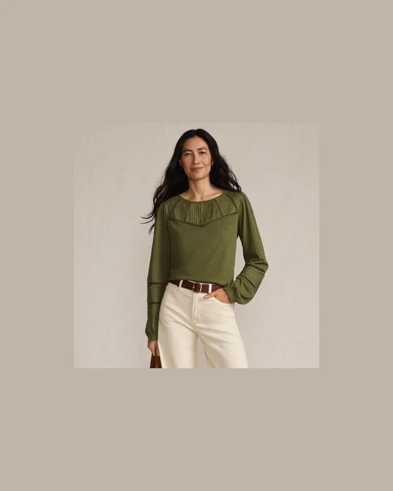 Lands' End Flammgarn-Shirt mit Biesen-Verzierung, Damen, Größe:44-46 regular, Grün, Baumwolle, by Grün