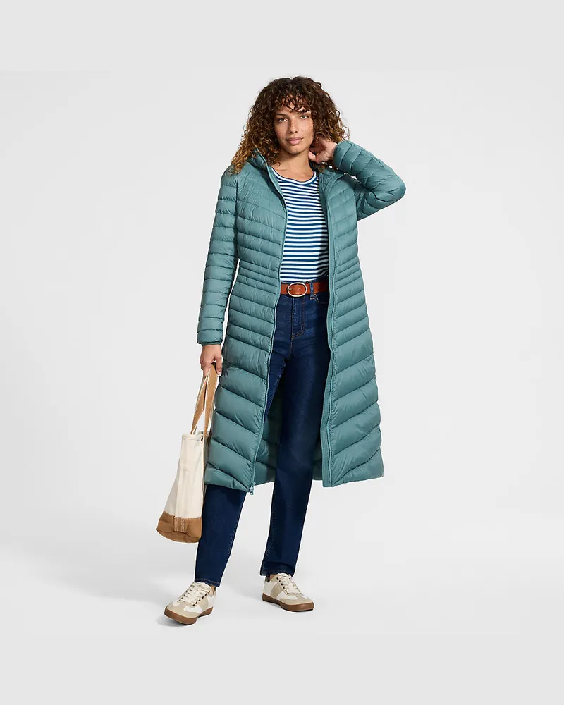 Lands' End Ultraleichter Maxi-Daunenmantel mit Kapuze WANDERWEIGHT, Damen, Größe regular, Grün, Nylon/Daunen, by Grün