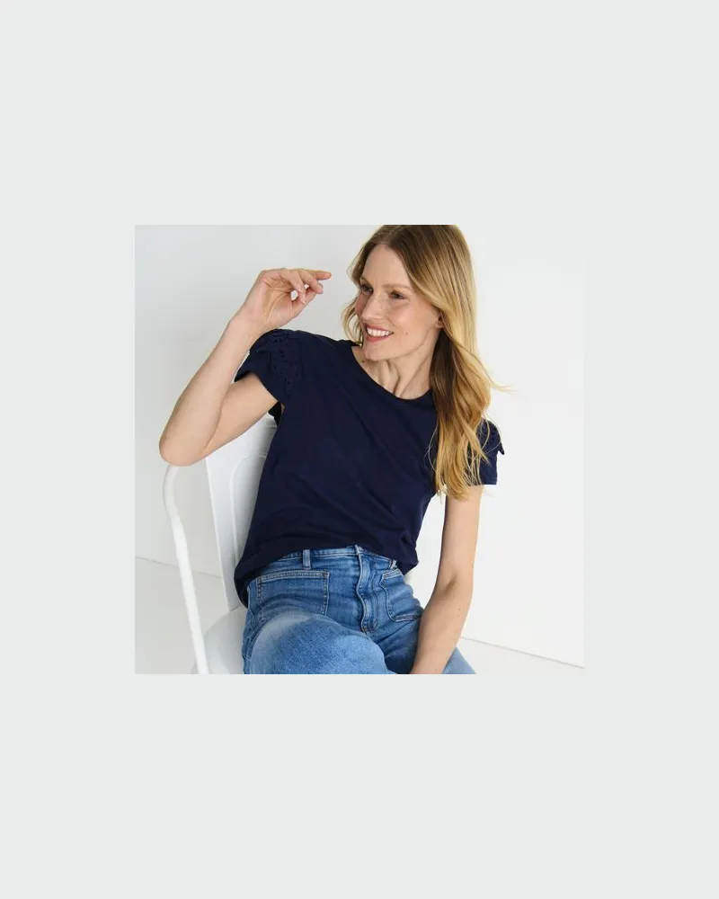 Lands' End Baumwoll-Shirt mit verzierten Ärmeln, Damen, Größe:40-42 regular, Blau, Baumwolle, by Blau