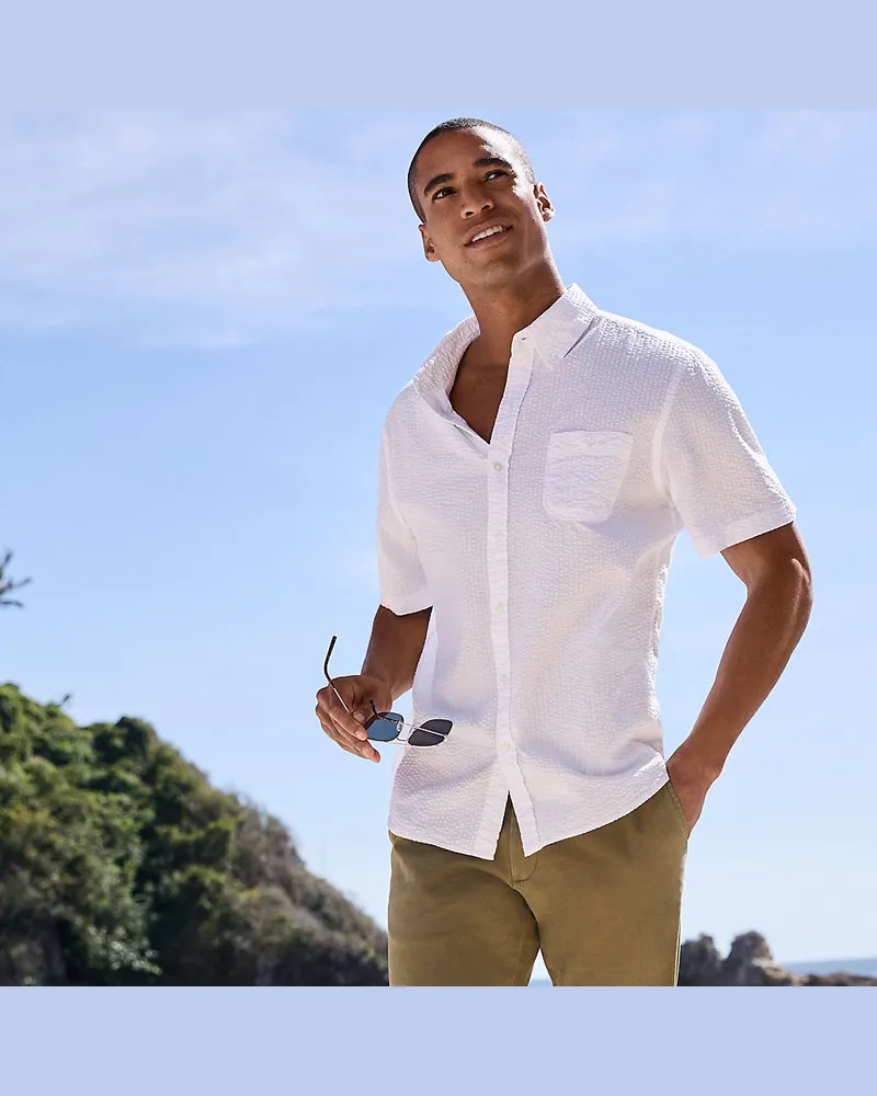 Lands' End Seersucker-Kurzarmhemd, Classic Fit, Herren, Größe regular, Weiß, Baumwolle, by Weiß
