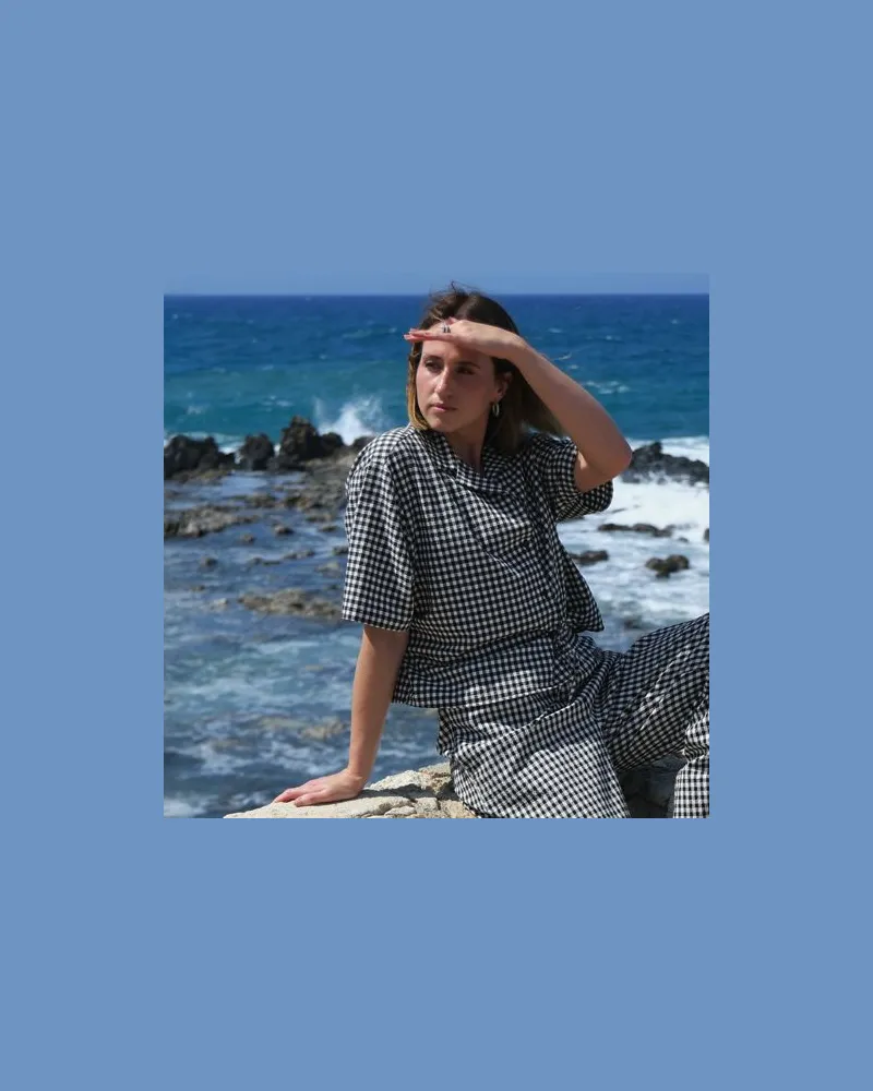 Lands' End Gingham-Bluse mit kurzen Ärmeln, Damen, Größe regular, Schwarz, Baumwolle/Polyester/Polyester-Mischung, by Schwarz