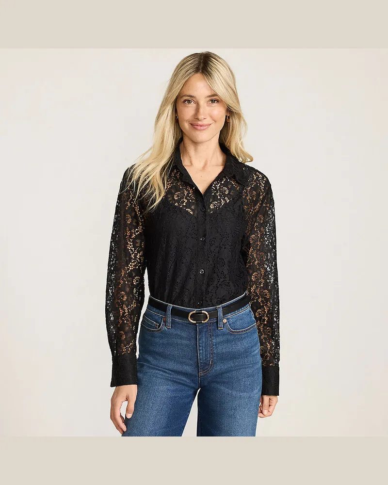 Lands' End Spitzenbluse aus Baumwoll-Mix, Damen, Größe petite, Schwarz, Baumwolle/Polyester, by Schwarz