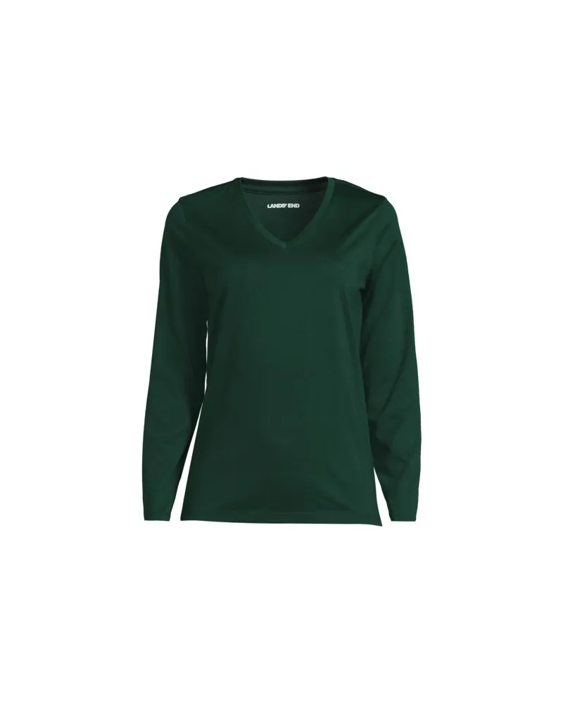 Lands' End Supima® Langarm-Shirt mit V-Ausschnitt, Damen, Größe regular, Grün, Baumwolle, by Grün