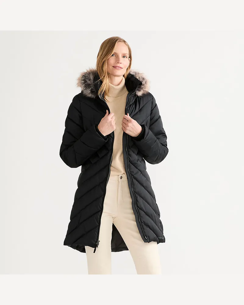 Lands' End Isolierter FeatherFree™ Kapuzenmantel mit Webpelzfutter, Damen, Größe petite, Schwarz, Polyester/Polyacryl, by Schwarz