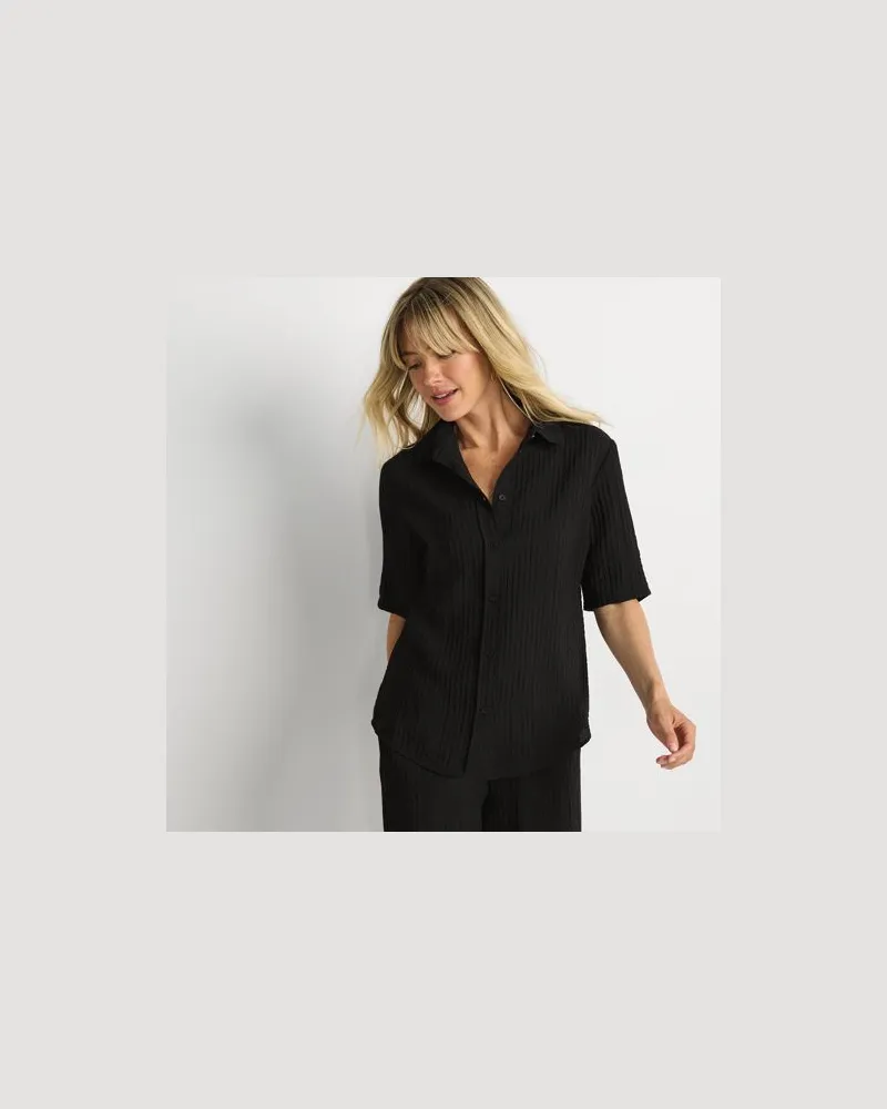 Lands' End Kurzärmeliges Crinkle-Hemd, Damen, Größe regular, Schwarz, Nylon/Viskose, by Schwarz