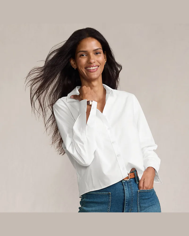 Lands' End Kurze, bügelfreie Hemdbluse, Damen, Größe regular, Weiß, Baumwolle, by Weiß