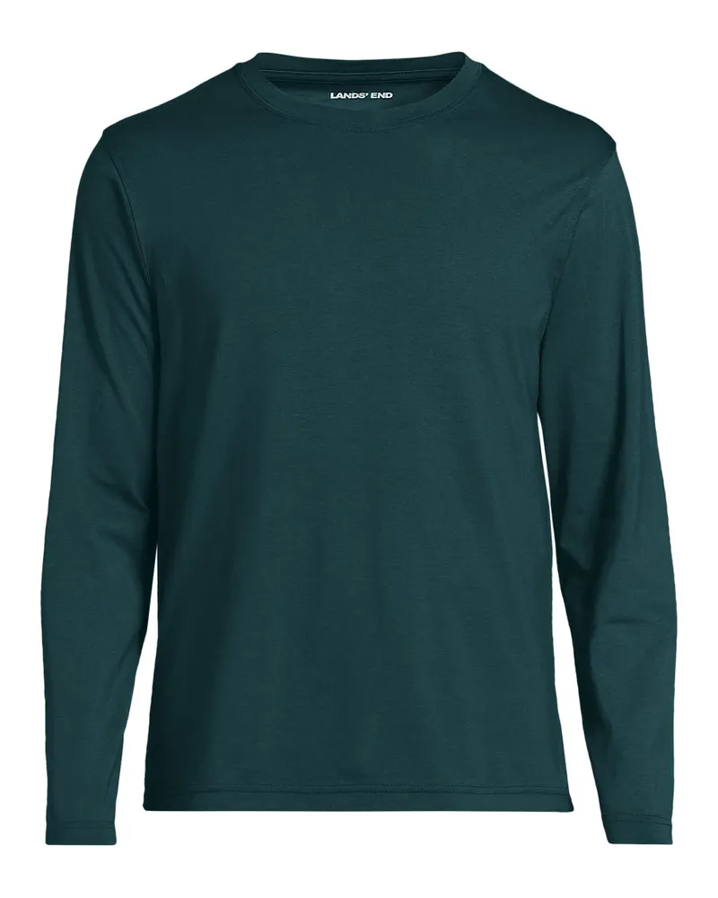 Lands' End Supima Langarm-Shirt mit Rundhalsausschnitt, Herren, Größe regular, Grün, Baumwolle, by Grün