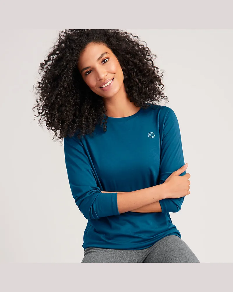 Lands' End Supima-Shirt, Langarm, Damen, Größe petite, Blau, Baumwolle, by Blau