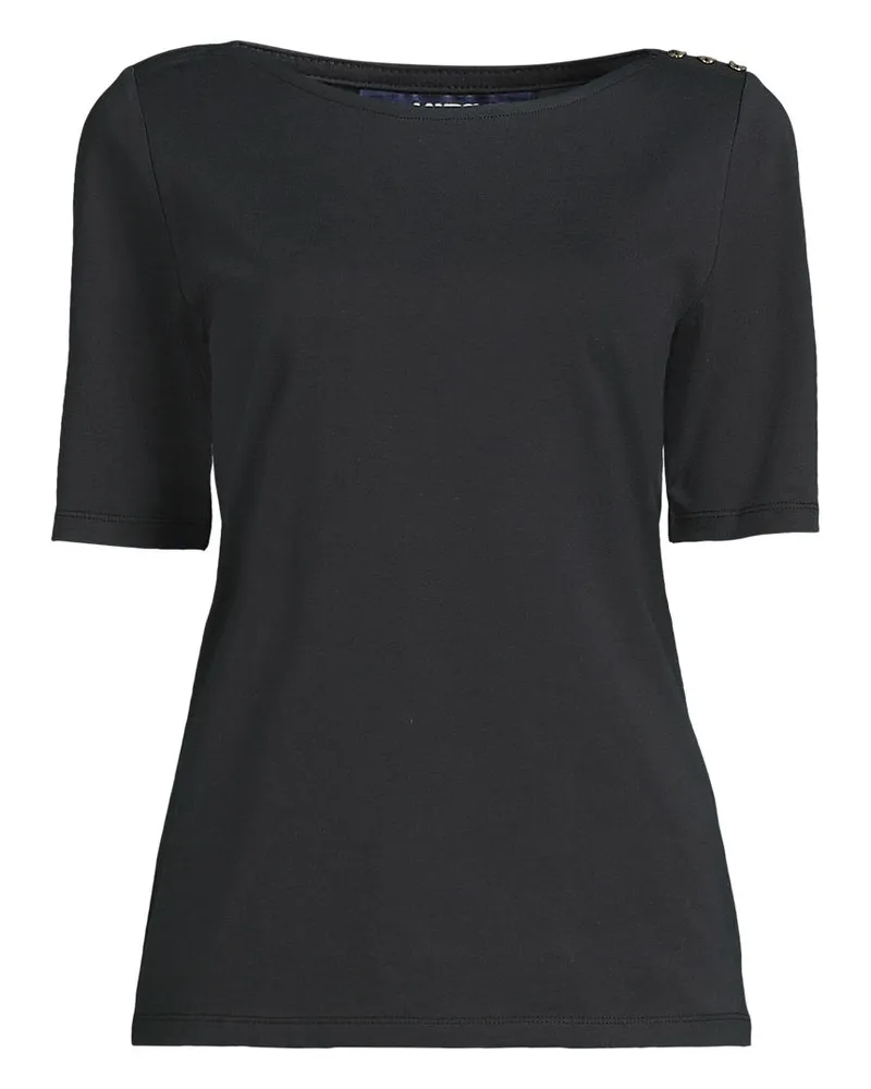 Lands' End Supima T-Shirt mit U-Boot-Ausschnitt und geknöpfter Schulter, Damen, Größe regular, Schwarz, Baumwolle, by Schwarz