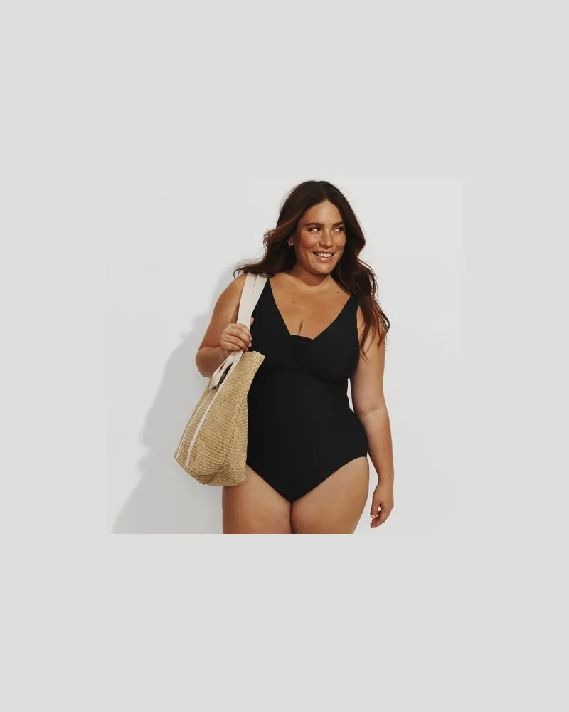 Lands' End Shape-Badeanzug mit V-Ausschnitt SLENDER in E-Cup, Damen, Größe regular, Schwarz, Elasthan/Nylon-Mischung, by Schwarz
