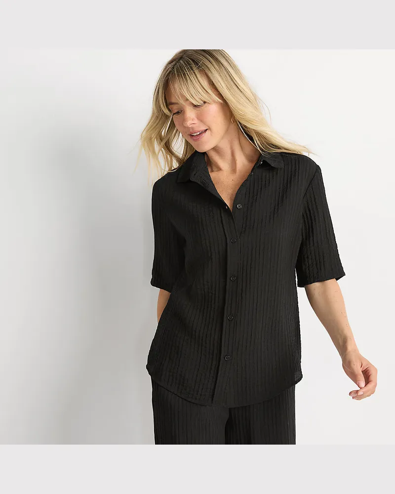 Lands' End Kurzärmeliges Crinkle-Hemd, Damen, Größe regular, Schwarz, Nylon/Viskose, by Schwarz