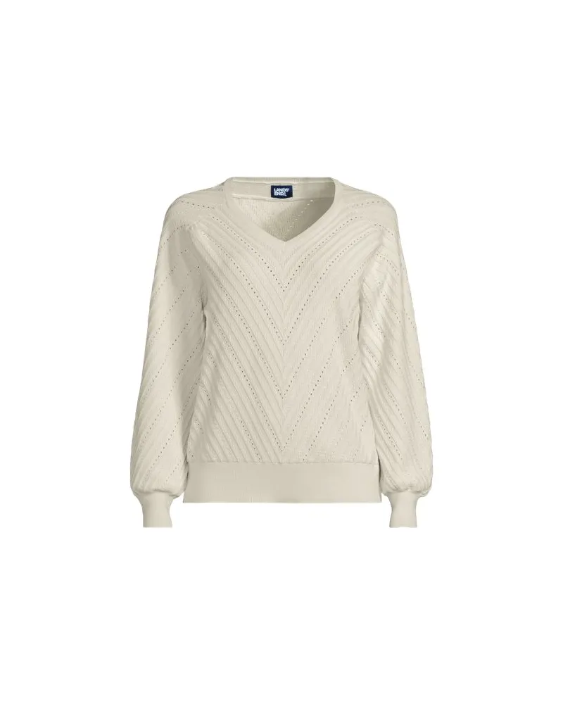Lands' End Ajourpullover mit V-Ausschnitt, Damen, Größe:40-42 regular, Weiß, Baumwolle/Nylon/Baumwoll-Mischung, by Weiß