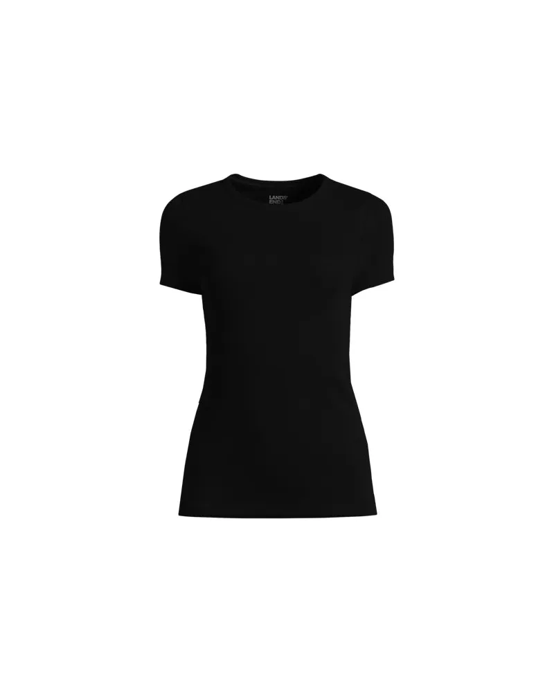 Lands' End Feinripp-Shirt mit Rundhalsausschnitt und kurzen Ärmeln, Damen, Größe:40-42 regular, Schwarz, Baumwolle/Elasthan, by Schwarz