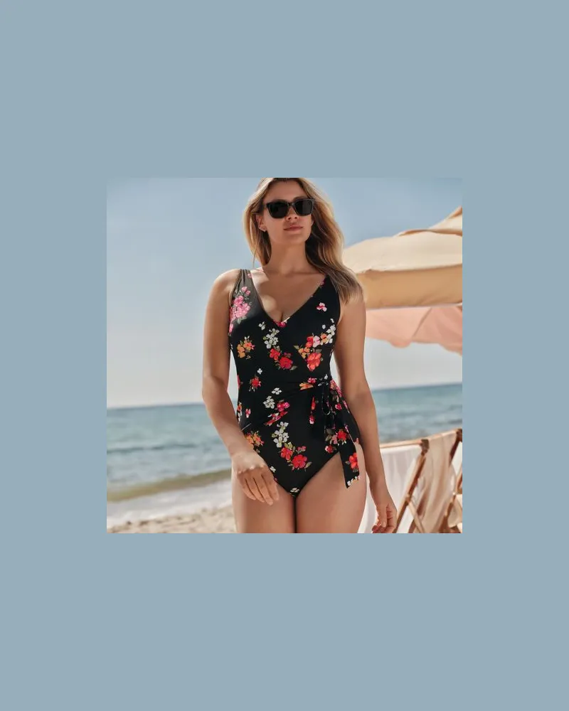 Lands' End Badeanzug mit seitlichem Bindeband, hohes Bein, Damen, Größe regular, Schwarz, Nylon-Mischung, by Schwarz