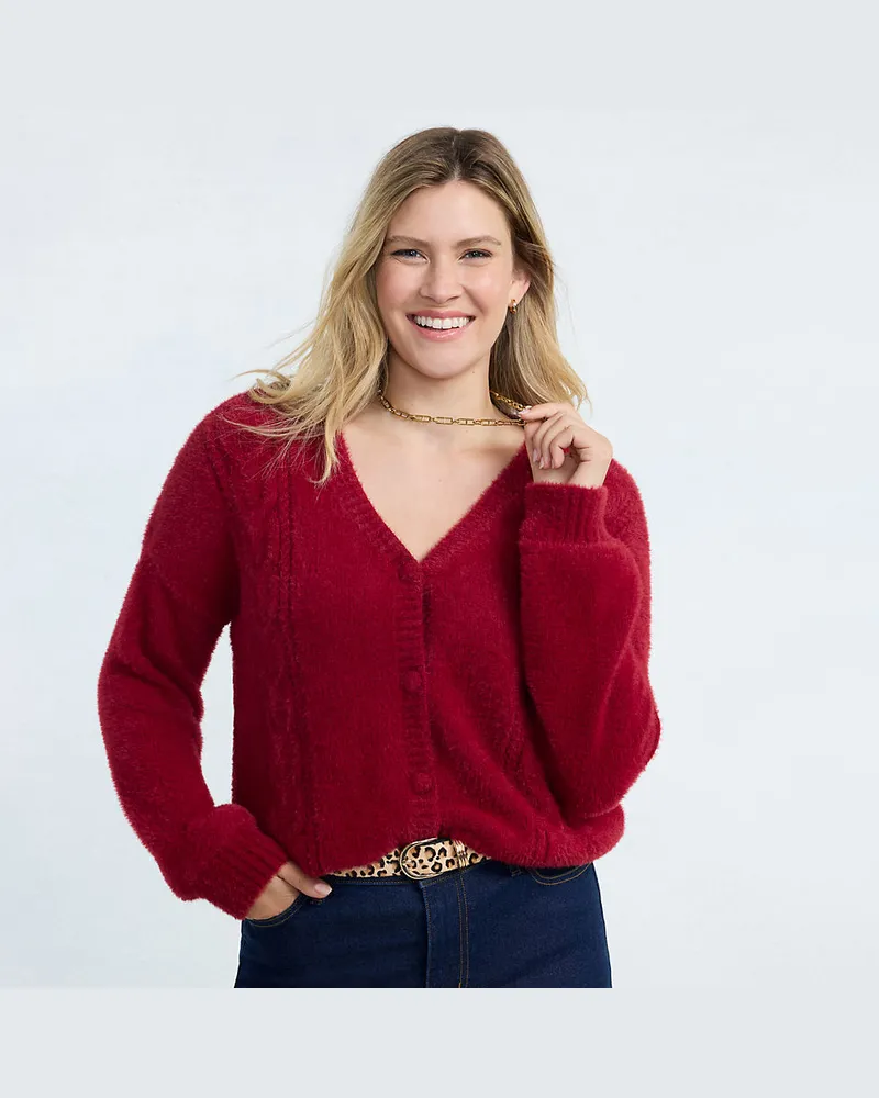 Lands' End Zopfmuster-Cardigan aus Wimperngarn, Damen, Größe regular, Rot, Nylon, by Rot