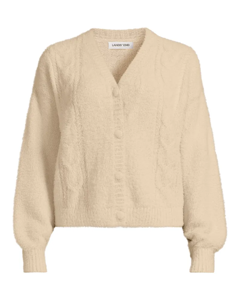 Lands' End Zopfmuster-Cardigan aus Wimperngarn, Damen, Größe regular, Weiß, Nylon, by Weiß