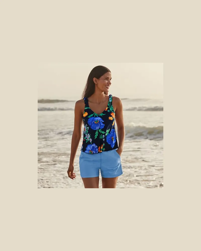 Lands' End Tankini-Top mit geknoteten Trägern und Flattersaum in F-Cup, Damen, Größe regular, Blau, Elasthan/Polyester-Mischung, by Blau