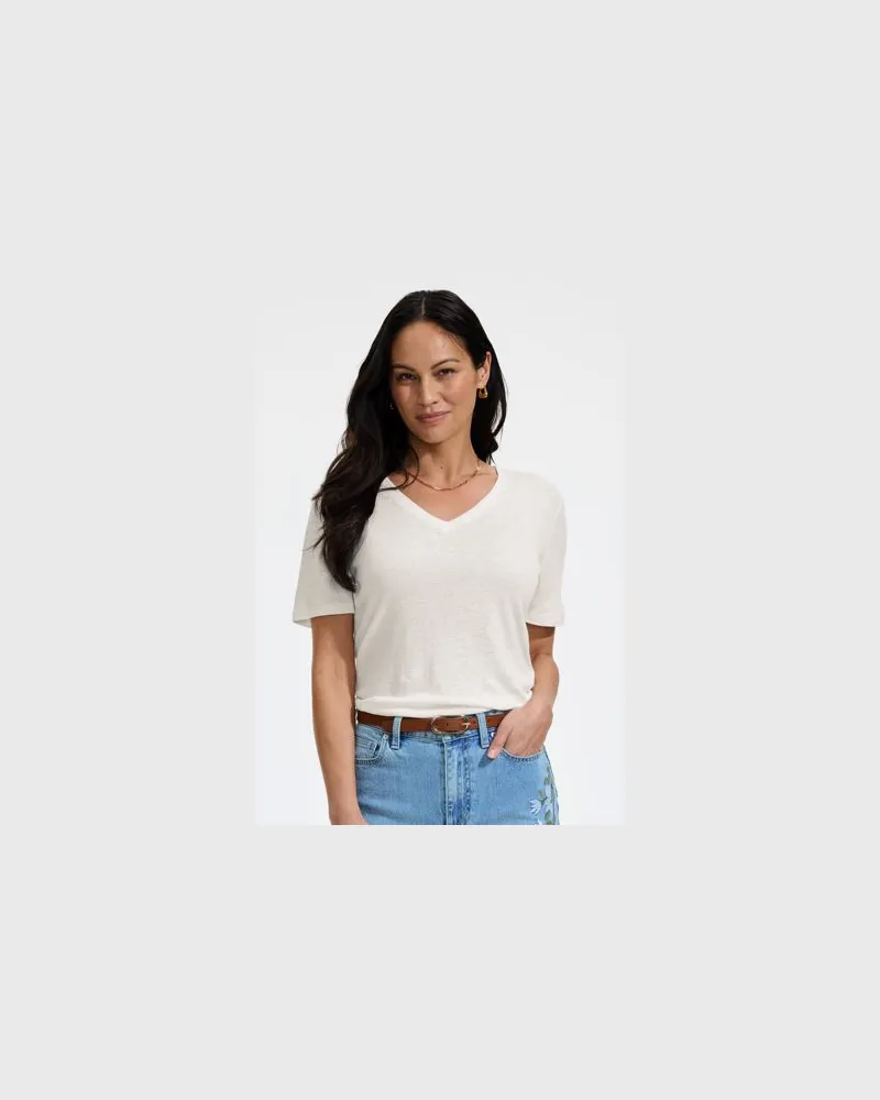 Lands' End Soft Flow Shirt aus Leinenmix mit V-Ausschnitt, Damen, Größe regular, Weiß, Leinen/Baumwolle Modal, by Weiß