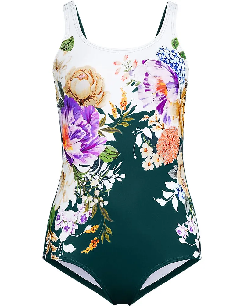 Lands' End Gemusterter Komfort-Badeanzug CHLORRESISTENT mit Soft Cups, Damen, Größe:34 regular, Grün, Nylon-Mischung, by Grün