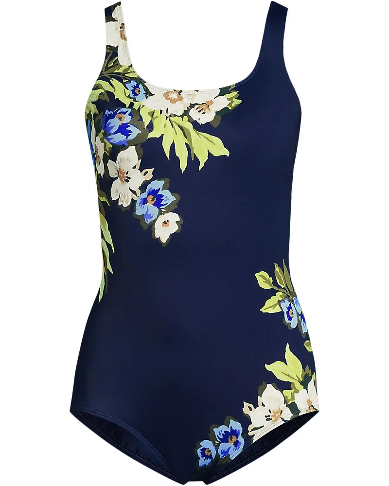 Lands' End Gemusterter Komfort-Badeanzug CHLORRESISTENT mit Soft Cups, Damen, Größe:34 regular, Blau, Nylon-Mischung, by Blau