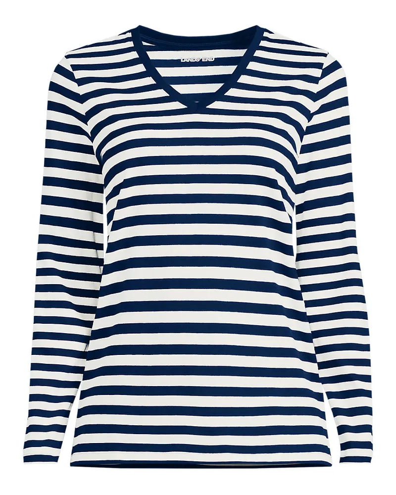 Lands' End Supima® Langarm-Shirt mit V-Ausschnitt, Damen, Größe petite, Blau, Baumwolle, by Blau