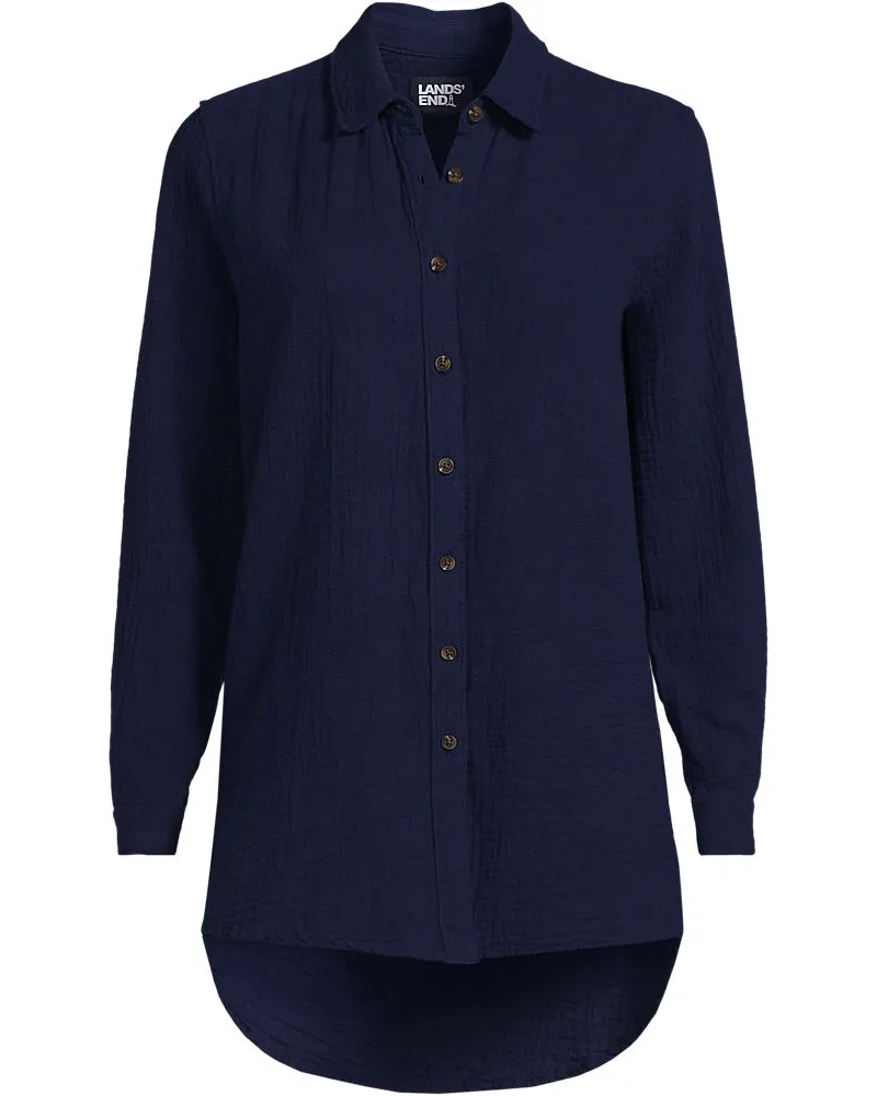 Lands' End Musselin-Hemdbluse mit langen Ärmeln, Damen, Größe regular, Blau, Baumwolle, by Blau