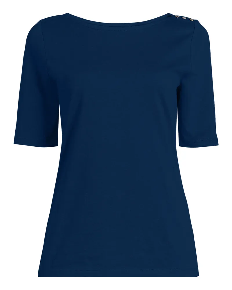 Lands' End Supima T-Shirt mit U-Boot-Ausschnitt und geknöpfter Schulter, Damen, Größe regular, Blau, Baumwolle, by Blau