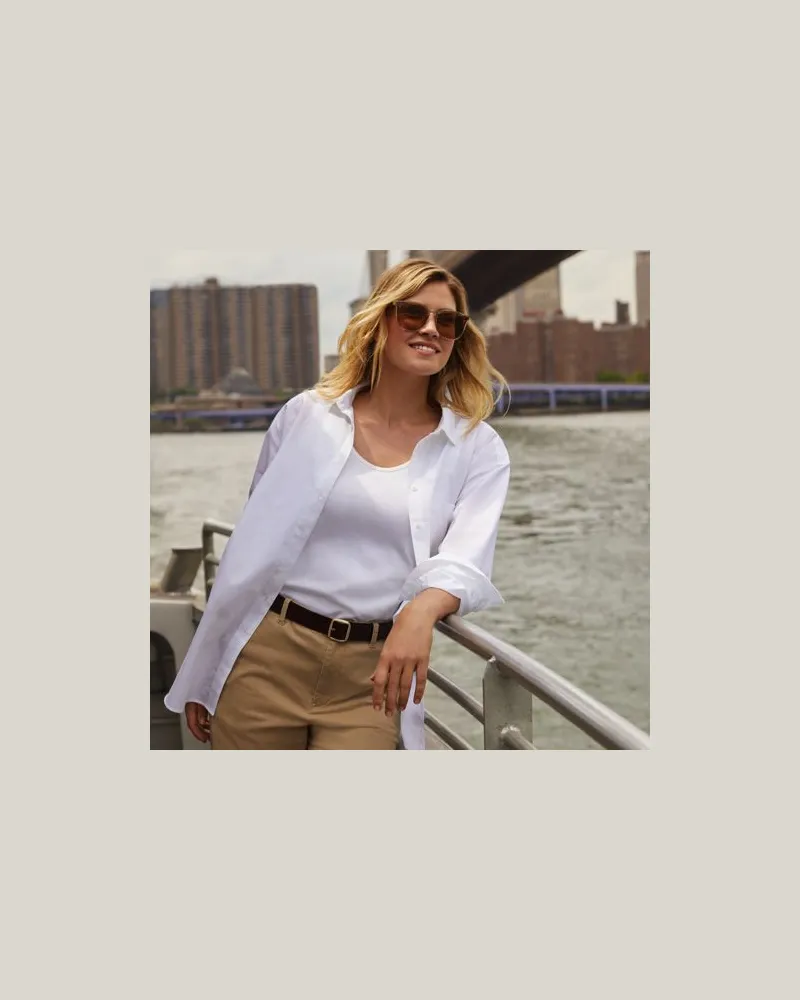 Lands' End Bügelfreie, lange Baumwoll-Hemdbluse, Damen, Größe regular, Weiß, Baumwolle, by Weiß