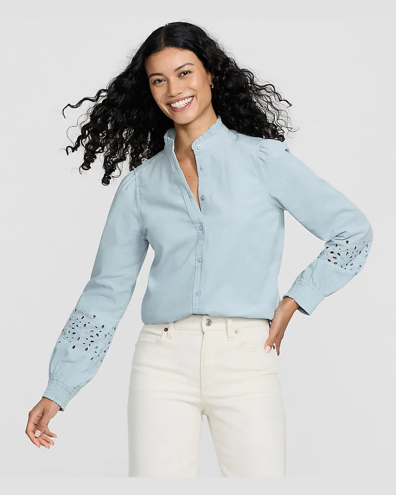 Lands' End Feincord-Hemdbluse mit Ajourdetails, Damen, Größe regular, Blau, Baumwolle, by Blau