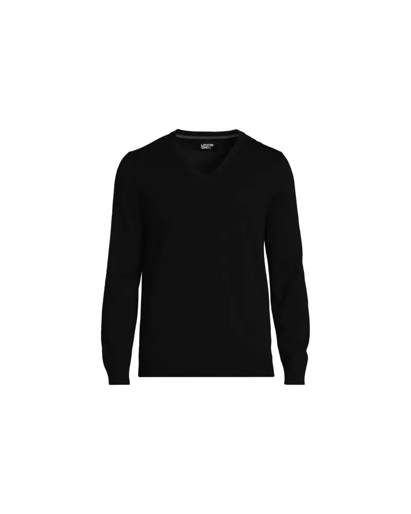 Lands' End V-Pullover aus Baumwoll-Feinstrick, Herren, Größe:56-58 regular, Schwarz, Baumwolle, by Schwarz