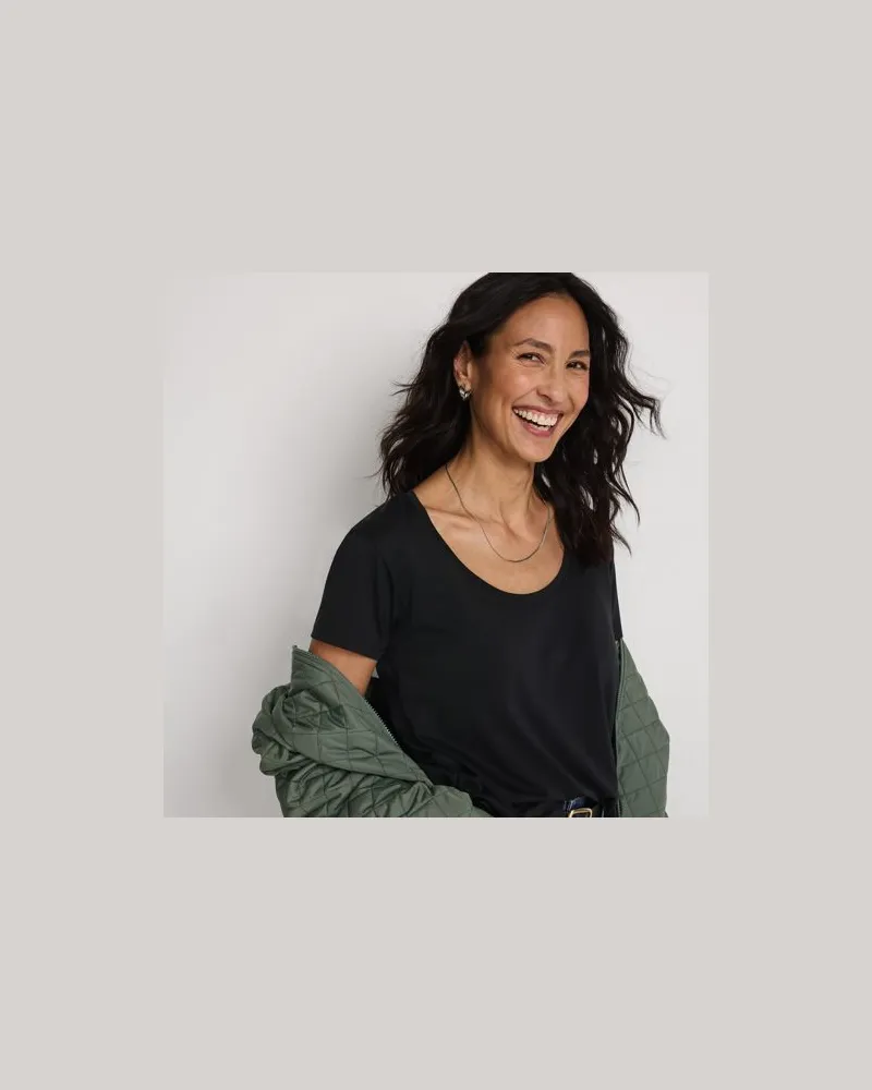 Lands' End Supima® Shirt mit Ballettausschnitt und kurzen Ärmeln, Damen, Größe:40-42 regular, Schwarz, Baumwolle, by Schwarz