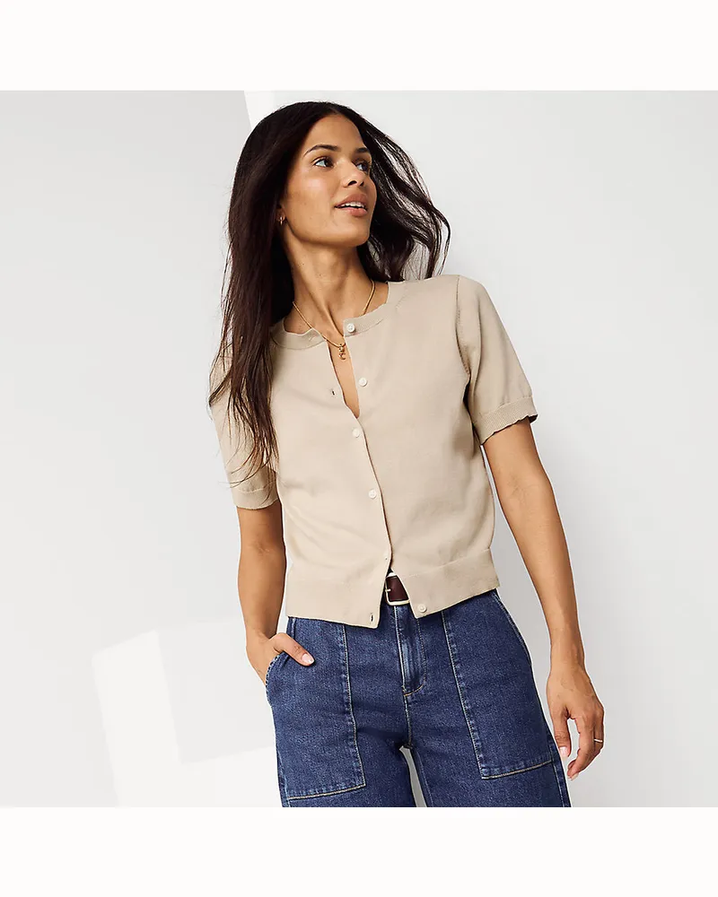 Lands' End Feinstrick-Cardigan mit kurzen Ärmeln, Damen, Größe regular, Weiß, Baumwolle, by Weiß