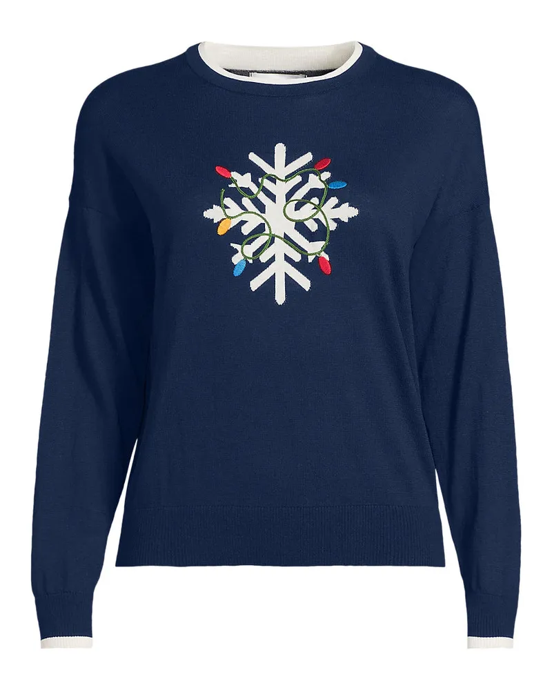 Lands' End Feinstrick-Baumwollpullover Jacquard mit unterlegtem Ausschnitt, Damen, Größe plus, Blau, Baumwolle, by Blau
