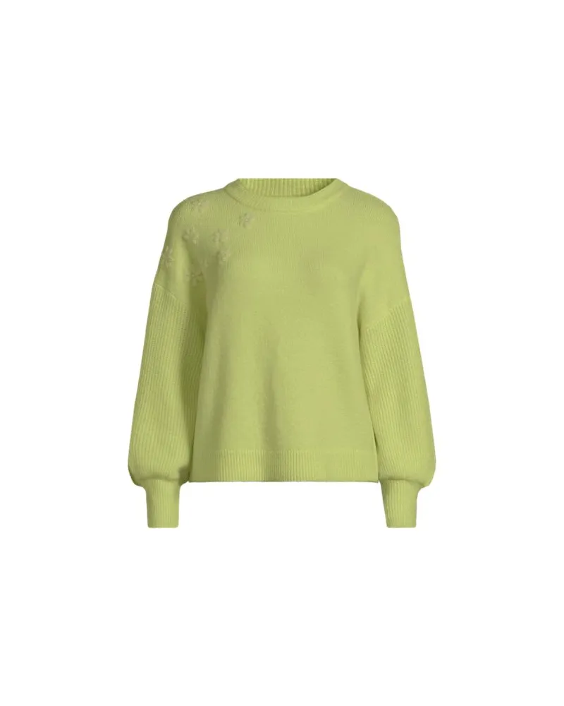 Lands' End Rundhalspullover mit aufgestickten Blumen, Damen, Größe:44-46 regular, Grün, by Grün