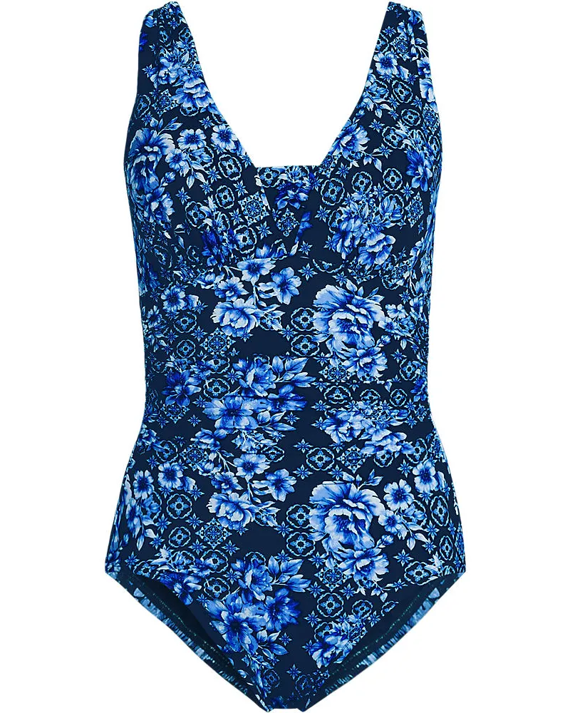 Lands' End Gemusterter Shape-Badeanzug mit V-Ausschnitt SLENDER, Damen, Größe plus, Blau, Elasthan/Nylon-Mischung, by Blau